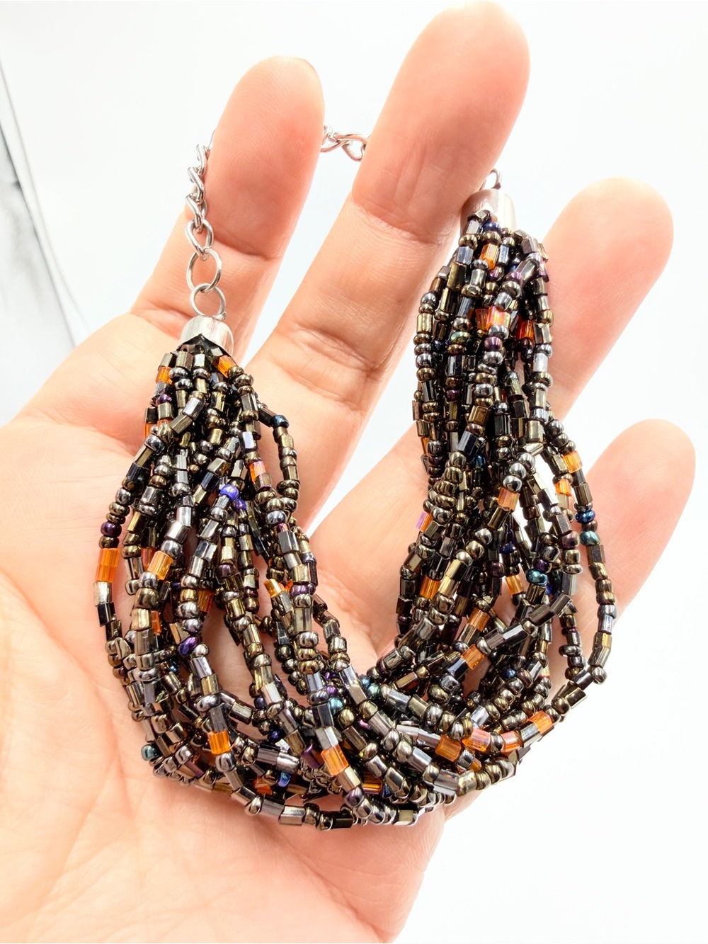 Multi Strand Metallic Seed Bead Statement Bracelet Adjustable